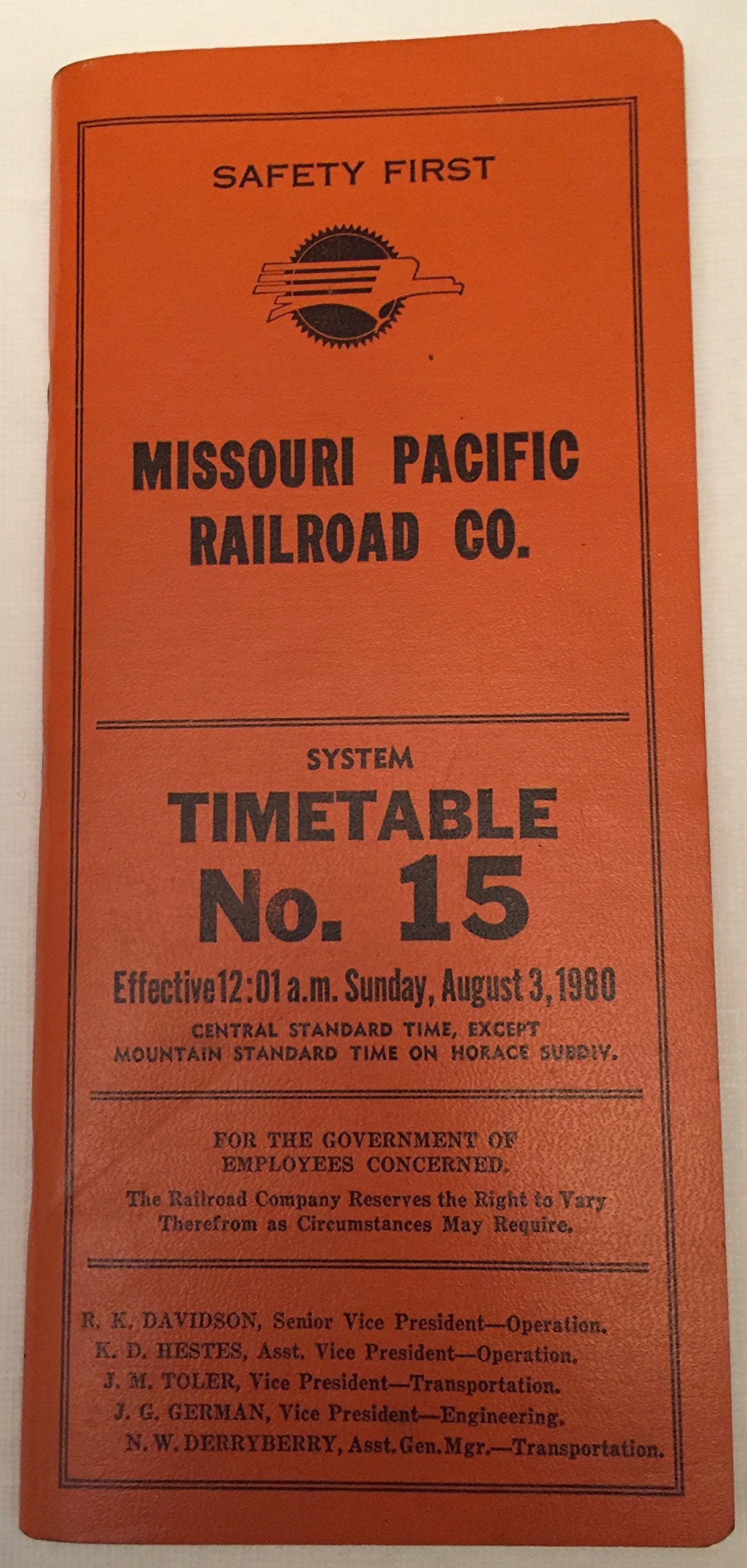 Missouri Pacific Railroad Timetable No. 15 Effective August 3, 1980 by Missouri Pacific Railroad