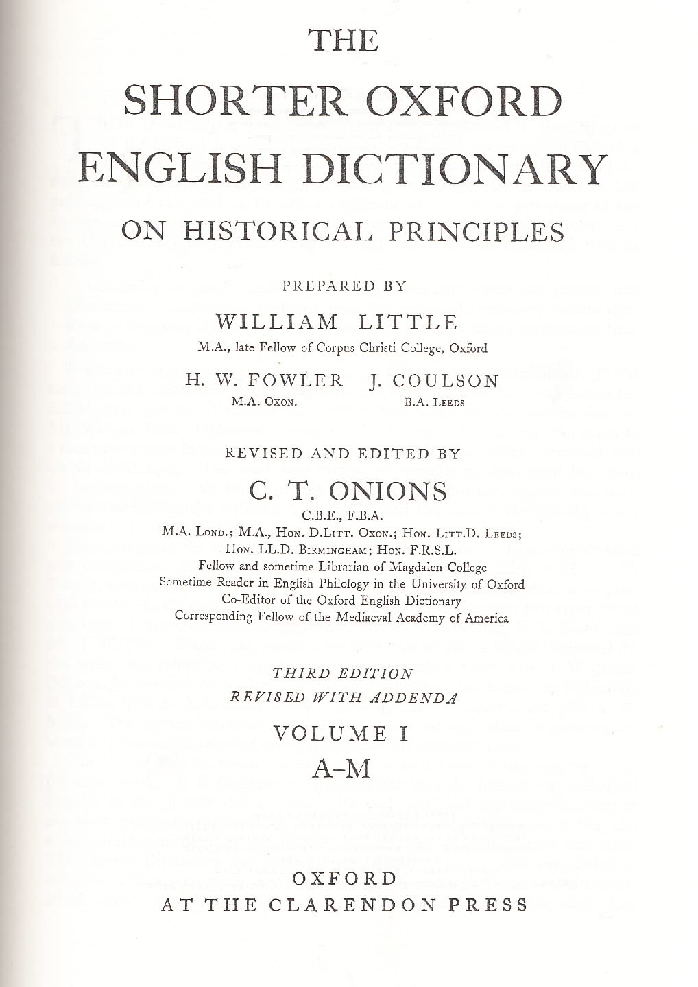 The Shorter Oxford English Dictionary On Historical Principles Volumes