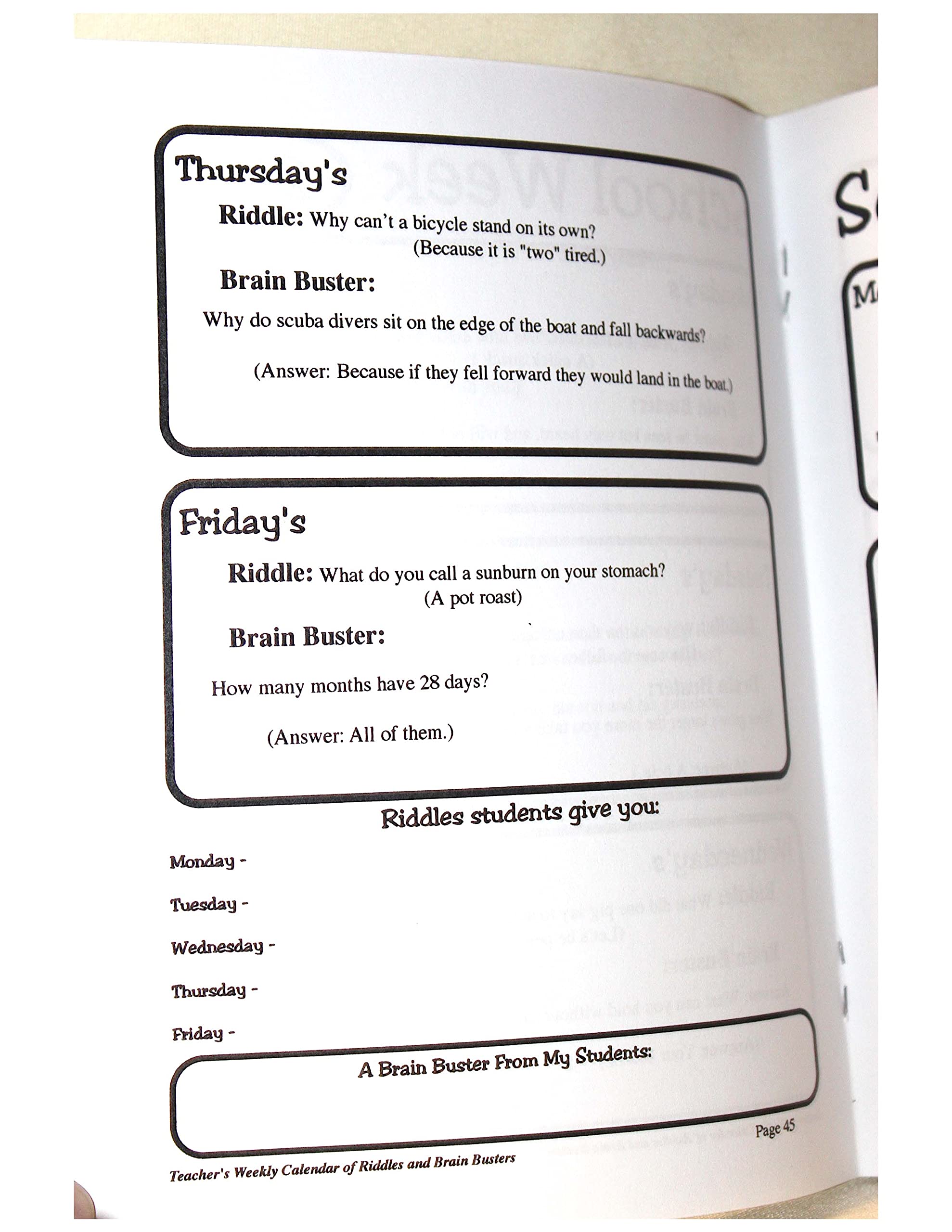 A Teacher's Weekly Calendar of Riddles and Brain Busters by David