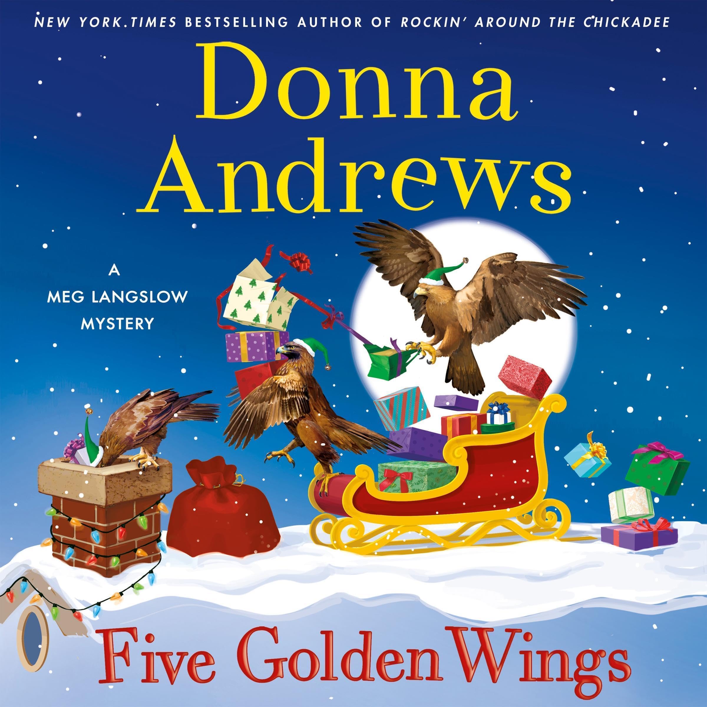 book cover of Christmas cozy mystery Five Golden Wings by Donna Andrews