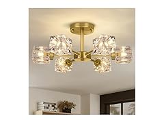 Modern Crystal Chandelier, 6-Light Gold Flush Ceiling Light