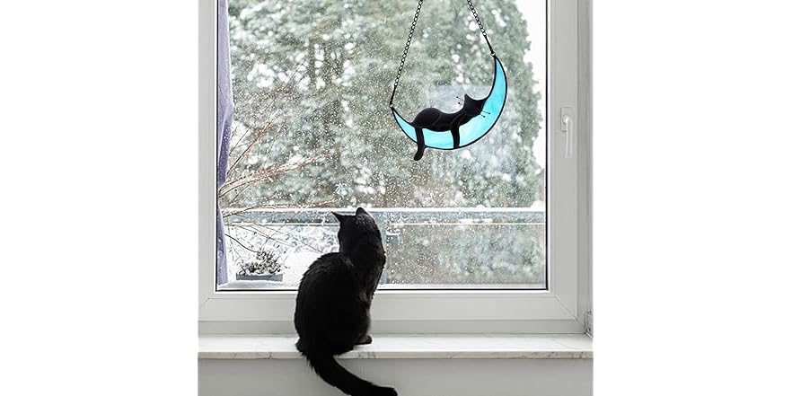 Cat on Moon Stained Glass Window Hanging, Black Cat