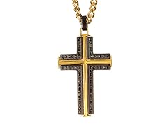 Blackjack Jewelry 18K Gold Plated Stainless Steel Black CZ Cross Pendant With 24" Black Cuban Chain