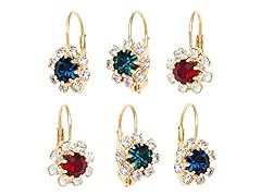 Green Sapphire & Ruby Crystal Flower Set of 3 Huggie Earrings