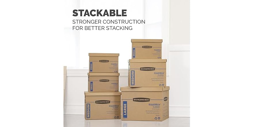 Bankers Box Large Classic Moving Box 5-Pack - 21"x17"x17", Tape-Free Assembly, Reinforced Handles, Lift-Off Lid
