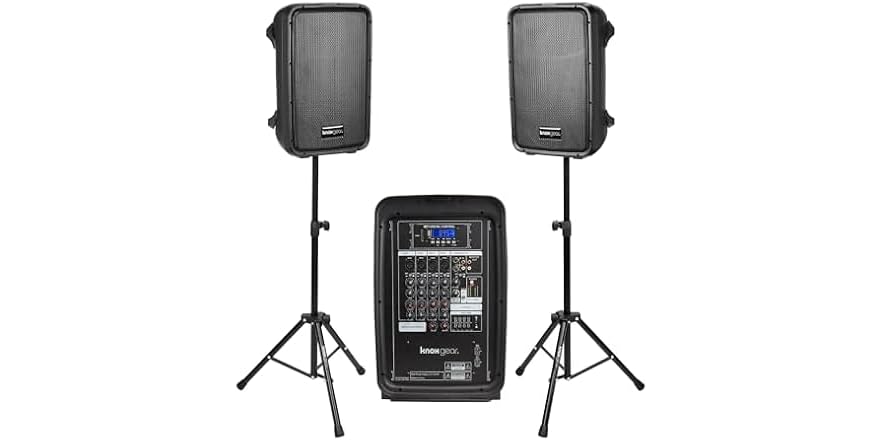 (NEW) Knox Gear Dual 8” 300 Watt Speakers & Mixer w/Tripod Stands