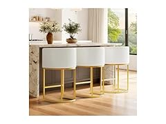 LVHOMLAX Modern Counter Height Bar Stools,Bar Stools Set of 3,Faux Leather Upholstered Barrel Barstools with Backs,26'' Kitchen Island Chairs,Gold Metal Frames,Beige White Leather (Open Box)