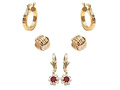 Gold & Ruby with Clear Crystal Set of 3 Drop & Hoop Earrings