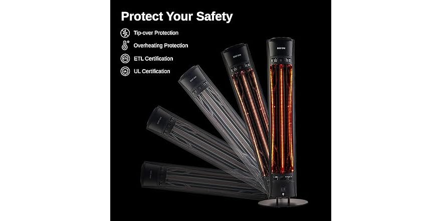 EAST OAK Infrared Patio Heater – 1500W, Portable Tower, Nanocrystal Glass, IP65 Waterproof, Remote, 3 Heat Settings