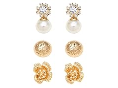 Gold, Pearl & Clear Crystal Flower & Ball Set of 3 Stud Earrings