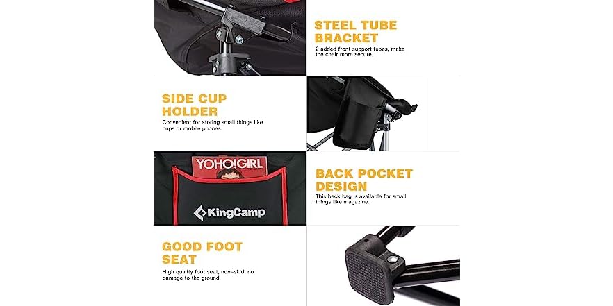 thumbnail image 2 of KingCamp Folding Portable Saucer Moon Lounge Chair With Cupholder Storage Pocket For Indoor Home Or Outdoor Camping And Tailgating, Black/Medium Gray 2 of 13