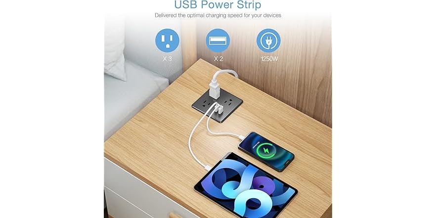 TESSAN Recessed Power Strip – 3 Outlets & 2 USB Ports for Desk Use - Image 3