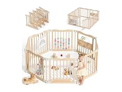 Foldable Wooden Playpen - Adjustable Wood Baby Play Yard with Child-Proof Lock, Indoor Large Safety Fence for Babies and Toddlers - Easy Assembly, 55 x 55 x 24 inches, Rainbow Dream, Natural (Open Box)