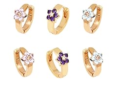 Gold Aqua, Pink, & Purple Crystal Flower Set of 3 Huggie Earrings