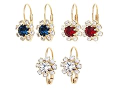 Sapphire, Ruby & Clear Crystal Flower Set of 3 Huggie Earrings