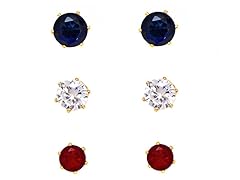 Sapphire, Ruby & White Crystal Round & Hearts Set of 3 Stud Earrings