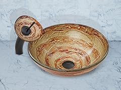 VIGO Mocha Swirl Glass Vessel Sink and Waterfall Faucet Set in Matte Black Finish