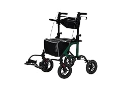 ELENKER All-Terrain 2 in 1 Rollator Walker & Transport Chair, Folding Wheelchair with 10” Non-Pneumatic Wheels for Seniors, Reversible Backrest & Detachable Footrests, Green (Open Box)
