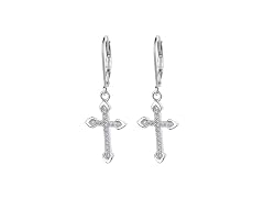 18K White Gold Leverback Cross Earrings