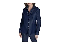 Halston Women (XS) Roll-tab Sleeve Denim-like Top