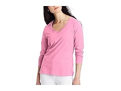 Hanes Womens Cotton VNeck LS Tee (S) Pink