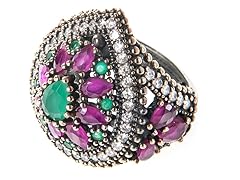 SS Dyed Emerald & Ruby Genuine Semi-Precious Gemstone CZ Ring