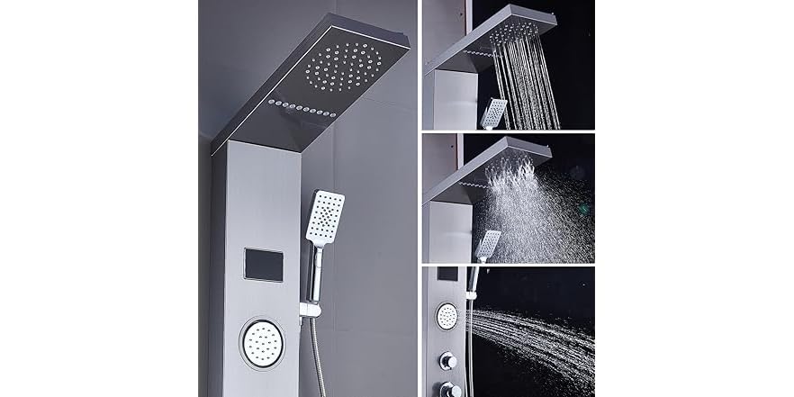 ELLO&ALLO Shower Panel Tower – Brushed Nickel, LED Rain & Waterfall, Wall Mounted With Massage Jets