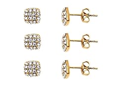 3 Pair Set of Gold & Clear Crystal Diamond-Shaped Stud Earrings