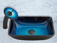 VIGO Rectangular Turquoise Water Glass Vessel Sink and Waterfall Faucet Set