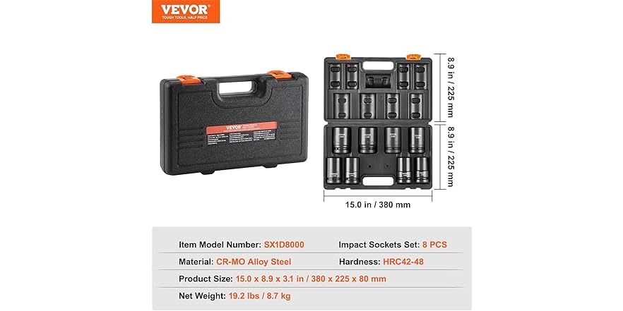 VEVOR 1" Drive Impact 8 Piece Deep Socket Set Metric