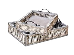 Vintage Rattan Wood Tray Set 2