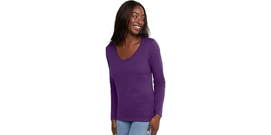 Hanes Womens Cotton VNeck LS Tee (2XL) Violet