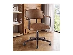 BERYTH Home Office Desk Chair, Mid-Century Modern Desk Chair with Padded Arms, Adjustable Seat Height, Mid Back 360° Small Computer Chair with Mobile Mute Wheel, PU Leather (Brown) (Open Box)