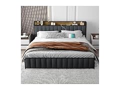 GAOMON King Bed, Storage Headboard, Grey