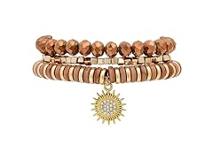 Stretch Beaded Bracelet Stack with Brown Sun Charm