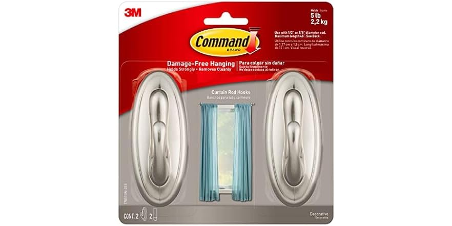 Command 17053BN-2EF Curtain Rod Hooks, 2 Pack