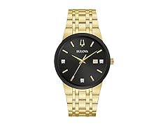 Bulova Men's Modern Gold Tone Stainless Steel 3-Hand Calendar Date Quartz Watch, Gold Tone Accents and Diamond Dial Style: 97D127 (Open Box)