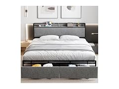 Full Bed Frame, Storage Headboard, Gray