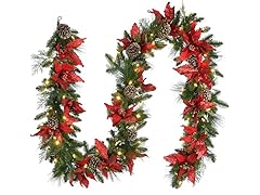 9'x12" Valley Pine Garland Poinsettia LED