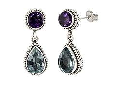 SS Balinese Round Amethyst & Pear Shape Blue Topaz Gemstone Dangle Earrings