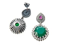 SS Round Dyed Emerald & White CZ Genuine Semi-Precious Gemstone Earrings