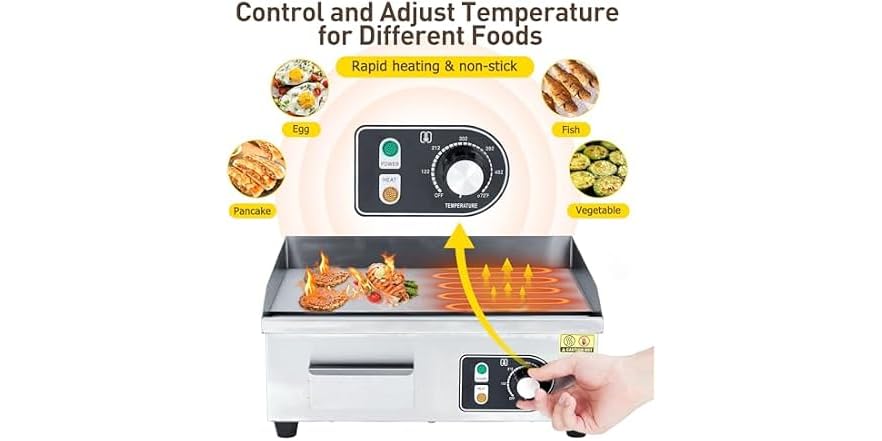 Commercial Electric Griddle 14 inch, 1500W/3000W Stainless Steel Flat Top