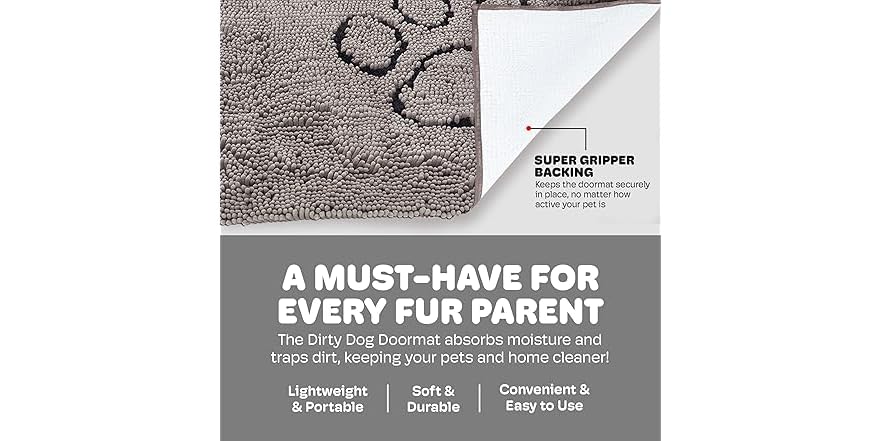 Dog Gone Smart Dirty Dog microvezel deurmat, super absorberende, machinewasbaar, met antislip achterkant, XL, grijs