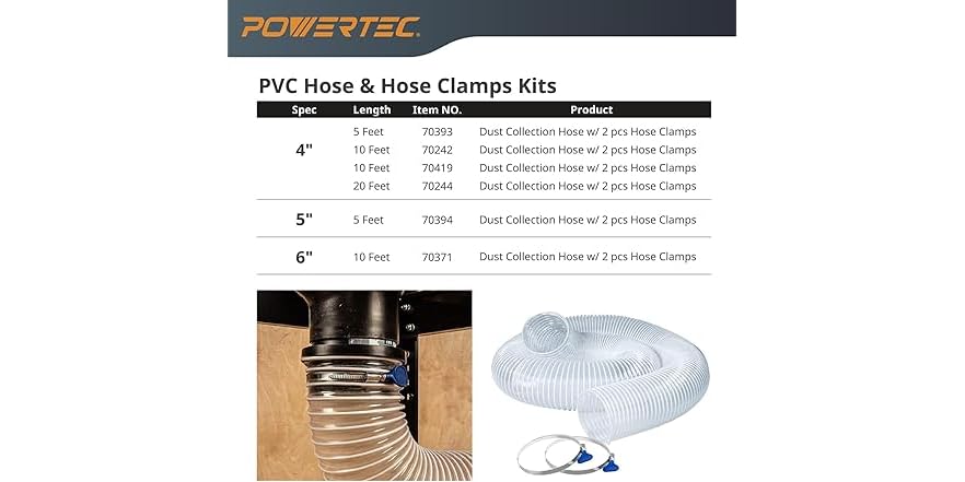 POWERTEC 2-1/2" X 10' Dust Collection Hose With Reducer 5pcs Key Hose Clamps For Table Saw Band Saw Planer Belt Sander Woodworking And Wood Shop Dust Collection System 70348