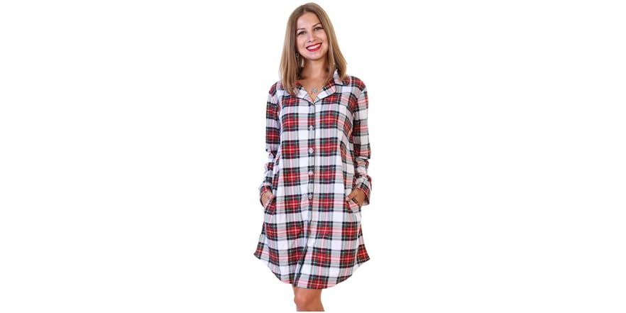 Angelina Women’s Flannel Sleep Shirt Dress – Button-Down Pajama In White Tartan, Large