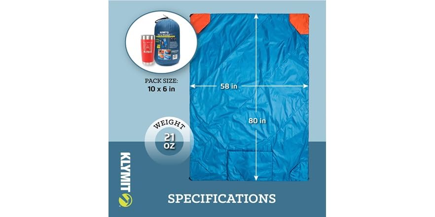 thumbnail image 2 of Klymit Horizon Packable Camping Blanket | PrimaLoft Insulation, Water-Resistant | 58" X 80" | Blue/Black 2 of 13