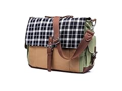 Canvas Messenger Bag with Plaid Flap