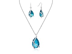 20 CTW Crystal Blue Topaz Pear Shape Necklace w/ Earrings