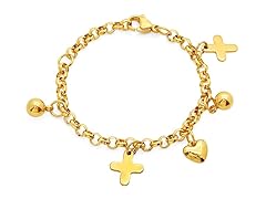 Ladies 18K Gold Plated Stainless Steel Bracelet with Cross & Heart Charms