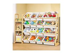 Etitlly Kids Toy Storage Organizer with Bookshelf – Wooden Shelf with 16 Bins & 3 Shelves, Quick Assembly Storage Rack for Playroom, Bedroom, Nursery - White (Open Box)